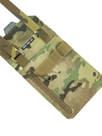 Multicam ID and document holder with secure zip and clear window for travel and military use.