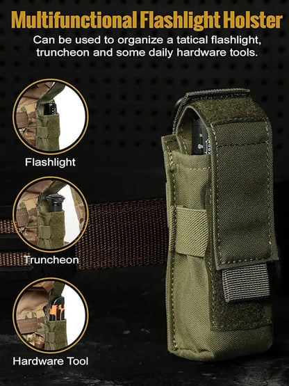 Multifunctional flashlight pouch with MOLLE system for secure attachment to belts or packs.