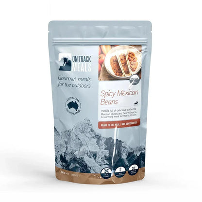 Spicy Mexican Beans pouch with gourmet outdoor meal branding, showcasing a ready-to-eat vegan Mexican dish.