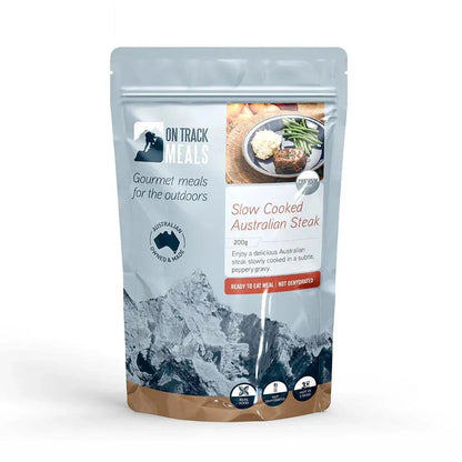 Slow-cooked Australian steak in peppery gravy pouch for hiking.