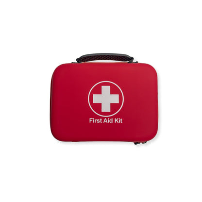 Hard shell comprehensive first aid kit in a red case with white cross symbol.