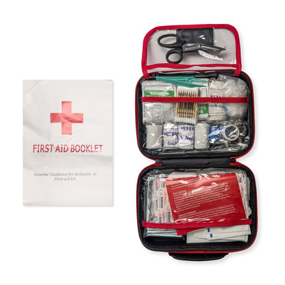 Hard shell comprehensive first aid kit with medical supplies and first aid booklet.