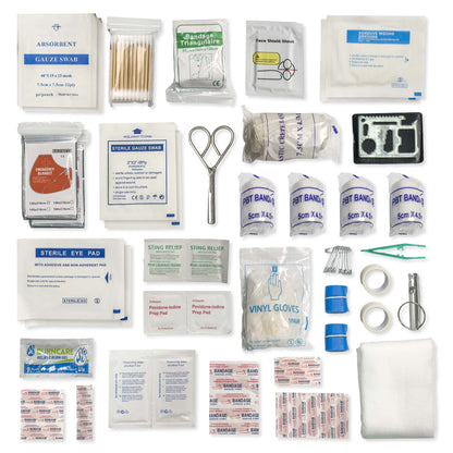 Hard shell comprehensive first aid kit with essential emergency supplies displayed.