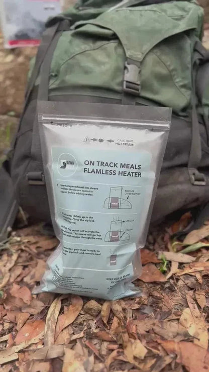GoPack 24-hour food ration pack for camping with flameless heater, shown next to a backpack.