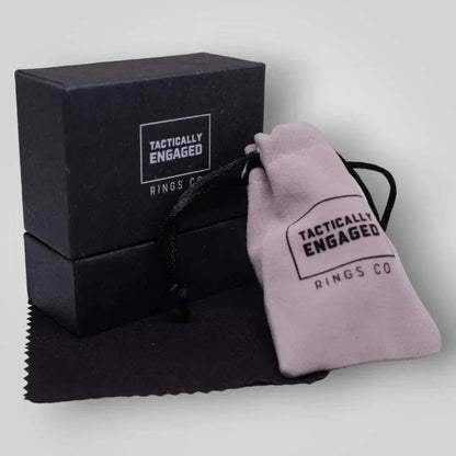 Tactically Engaged box, velvet pouch, and ring cleaner for matte black tungsten ring.