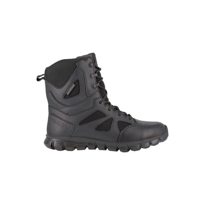 Reebok Sublite Cushion men's black tactical waterproof boot with side zipper, featuring lightweight design and MemoryTech footbed for comfort.
