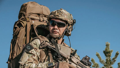 Military personnel wearing Edge Eyewear Urgent Fury shooting glasses with anti-fog technology and tactical gear.