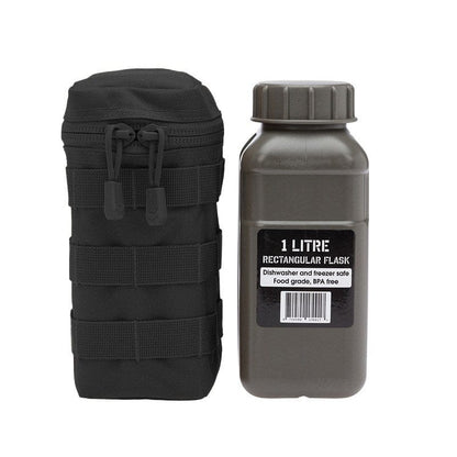 VALHALLA One Litre Flask Pouch in Black – Front view with MOLLE webbing and dual paracord zippers
