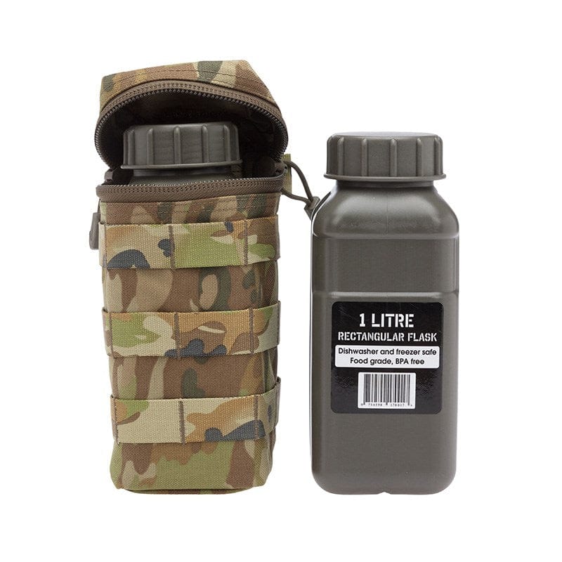 VALHALLA Flask Pouch in AU Multi-Terrain colour with 1L bottle inserted – open zip view showing fit