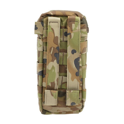 Rear view of VALHALLA 1L Flask Pouch in AU Multi-Terrain camo with dual MOLLE straps and webbing