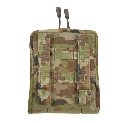 Compact tactical admin panel with camouflage design and MOLLE straps for secure attachment, featuring durable 500D nylon construction for rugged use.