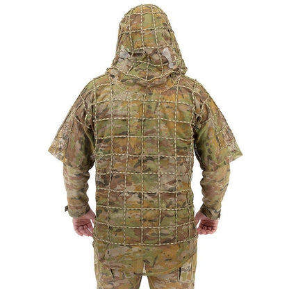 Lightweight mesh ghillie suit with hood, tactical concealment design.