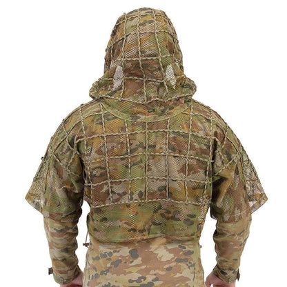 Lightweight tactical concealment ghillie suit with integrated hood and 550-cord grid for camo customization.