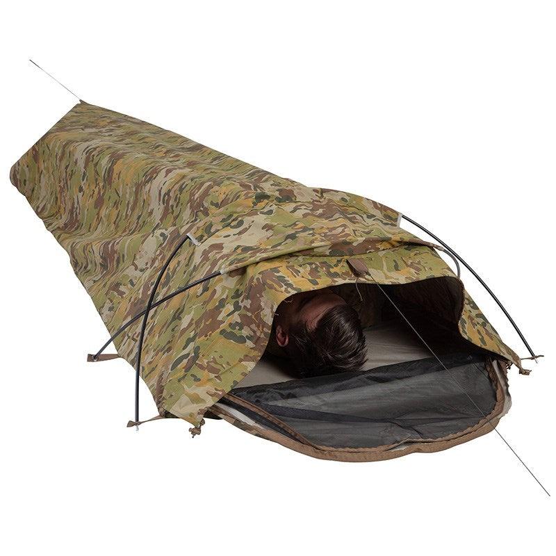 Spacious Valhalla Bivi Bag Shelter with X-Dome frame, breathable fabric, and mozzie mesh, ideal for outdoor protection.