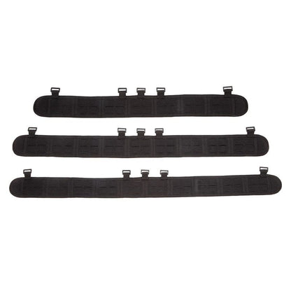 Slimline tactical belt comforter in black with modular attachment points for accessories and reinforced suspender loops, designed for enhanced stability and comfort.