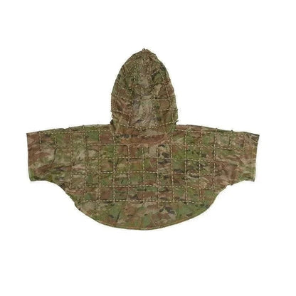 Lightweight tactical concealment ghillie suit with integrated hood and 550-cord grid system for customizable camouflage.