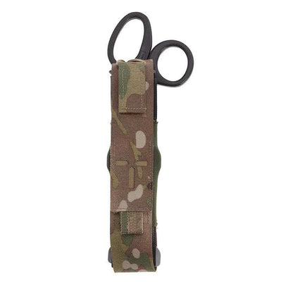 MOLLE compatible tourniquet and shear pouch in camouflage pattern, designed for rapid response and secure access.