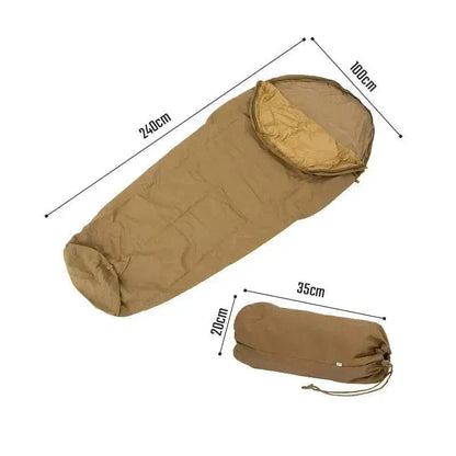 Waterproof Bivi Bag from Valhalla, coyote color, featuring dimensions and compact stuff sack.