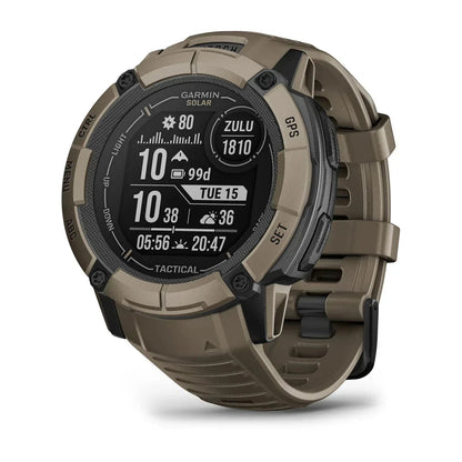 Rugged Garmin Instinct 2X Solar Tactical Edition GPS smartwatch with solar charging in tan and black design.