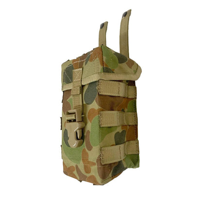 Military surplus CCA ammo pouch, camouflage design, molle compatible, top loading with buckle closure.
