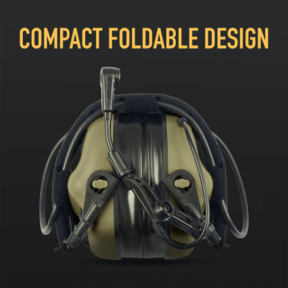 Earmor M32 PLUS Tactical Electronic Earmuffs with Detachable Mic, Tactical Black, compact foldable design.