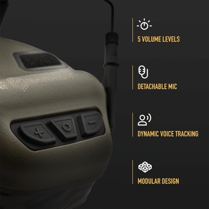 Earmor M32 PLUS Tactical Electronic Earmuffs with Detachable Mic, featuring easy-touch controls, 5 volume levels, and modular design.
