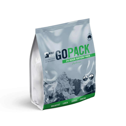 Vegetarian Camp Food: Go Pack 24 hr meal pack with breakfast, lunch, dinner, snacks, hydration, and flameless heater bags for outdoor and emergency use.