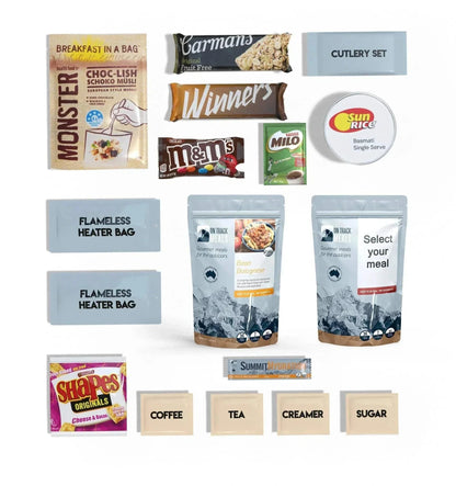 Vegetarian camp food pack with meals, snacks, drinks, and flameless heater bags for on-the-go convenience.