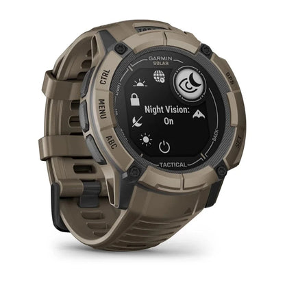 Garmin Instinct 2X Solar Tactical Edition smartwatch displaying night vision mode, tan rugged case, robust features.