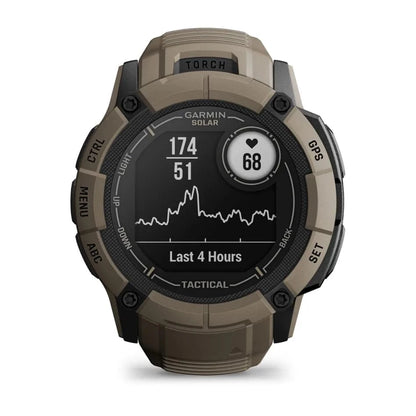 Rugged Garmin Instinct 2X Solar Tactical Edition GPS smartwatch with heart rate display.