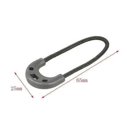 Elastic rope and plastic zipper toggle with dimensions 25mm x 65mm for clothing and bags.