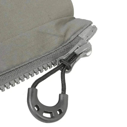Elastic rope and plastic zipper toggle attached to a gray zipper for added security and durability.