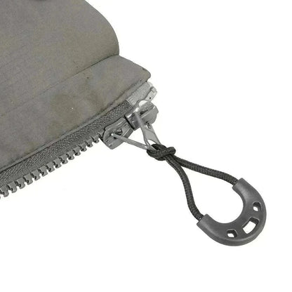 Zipper toggles on a gray backpack for added security and durability.