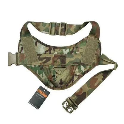 Camouflage Tactical Dog Vest with quick release, made of durable 500D Nylon, available in various sizes.