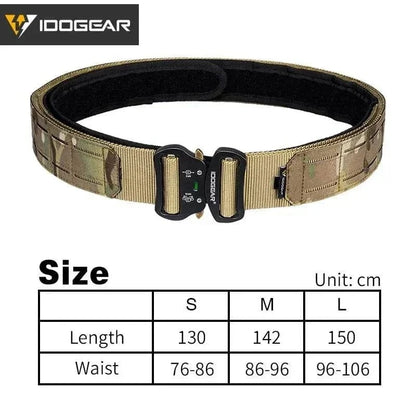 Tactical Belt with MOLLE system in Multicam design, nylon material with metal buckle, available in sizes S, M, L.