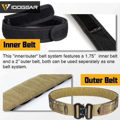 Tactical Belt with MOLLE, nylon material, metal buckle, inner/outer belt system, versatile colors.