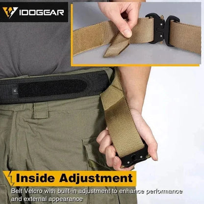 Tactical Belt with MOLLE featuring nylon material and metal buckle, shown in use with inside adjustment for versatile wear.