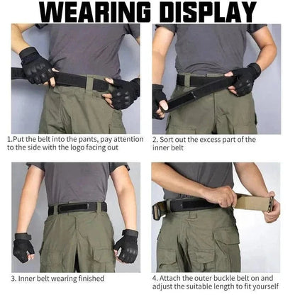 Wearing demonstration of the Tactical Belt with MOLLE, showcasing step-by-step usage and adjustment.