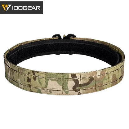 Multicam tactical belt with MOLLE system and metal buckle.