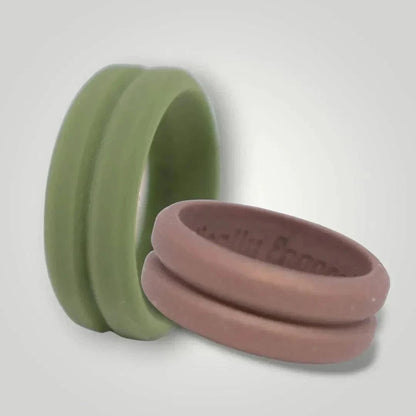 Ridged silicone ring in Ranger Green and Bronze with distinctive centered trench and beveled edges, symbolizing strength and resilience.