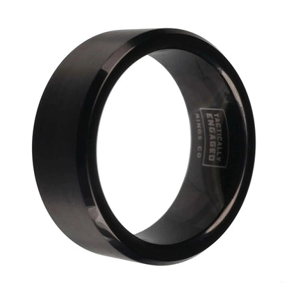 Beveled black tungsten ring with Tactically Engaged logo, durable and stylish.