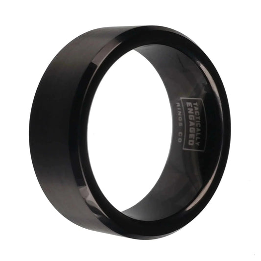 Beveled black tungsten ring with Tactically Engaged logo, durable and stylish.