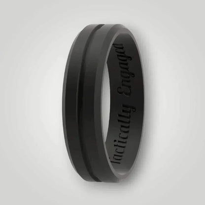 Black silicone ring with centered trench and beveled edges, engraved with "Tactically Engaged."