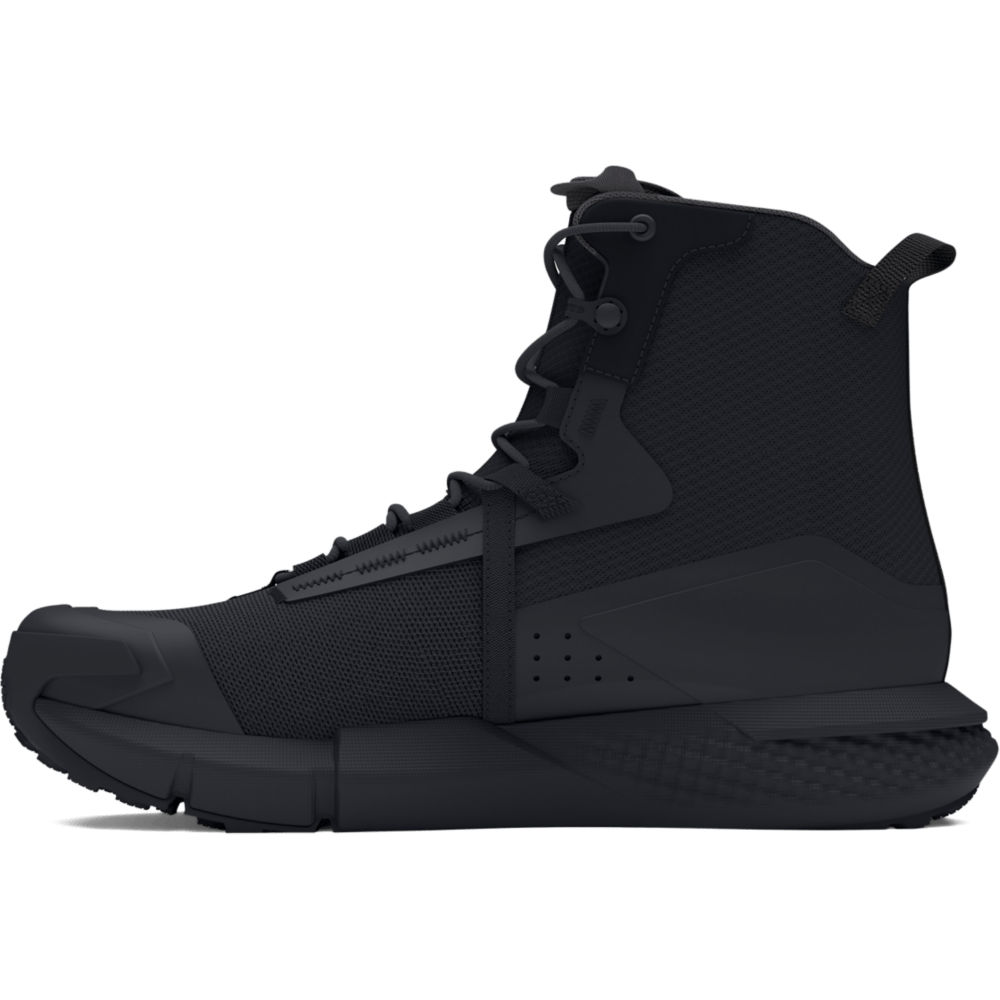Men's UA Charged Valsetz Tactical Boots with black synthetic upper, durable design, and cushioned sole.