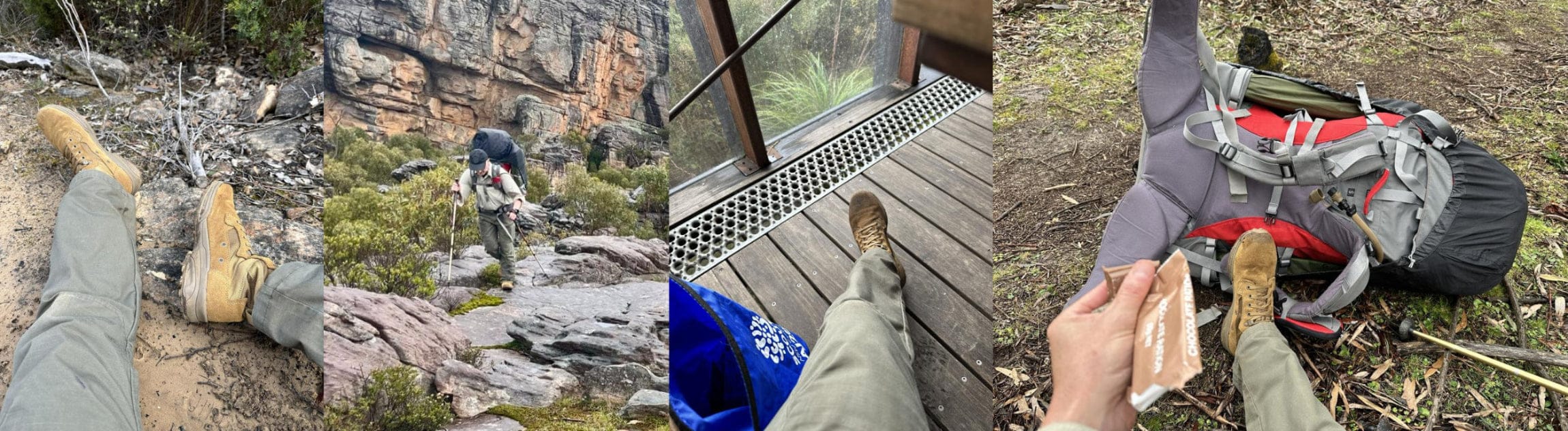 Collage of hiking activities including walking, climbing, and preparing for a hike.