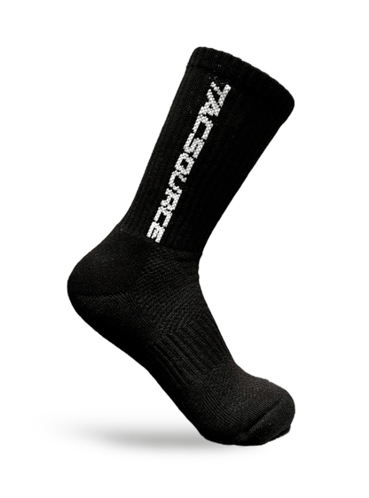Black TacSource Active Train 2.0 Socks with elastic rib design and bold branding.