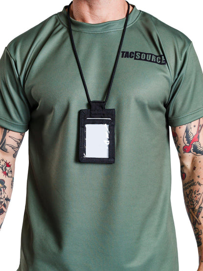 TacSource Small ID Holder with clear front window and detachable lanyard displayed on person wearing green shirt.