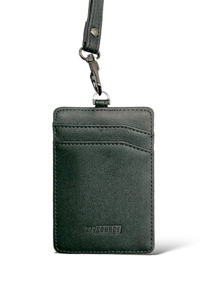 Recycled leather ID holder with clear window and detachable lanyard.