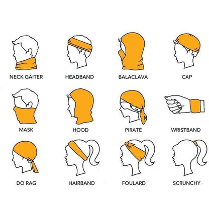 Diagram showing multiple ways to wear the TacSource Quick Drying Neck Gaiter, including as a neck gaiter, headband, balaclava, cap, mask, hood, pirate, wristband, do-rag, hairband, foulard, and scrunchy.