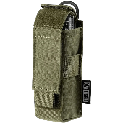 Flashlight pouch made from durable 1000D Cordura nylon with MOLLE compatibility and secure strap.